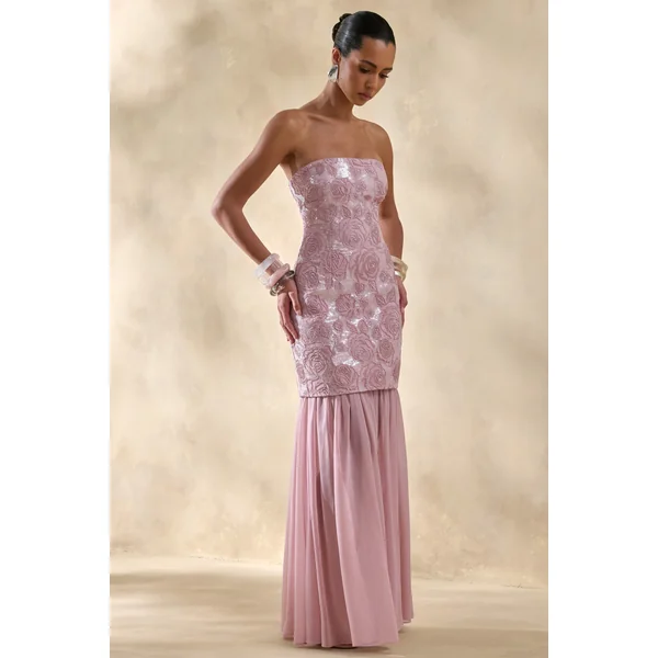Meraly | Robe longue bandeau rose en sequins avec détail foulard