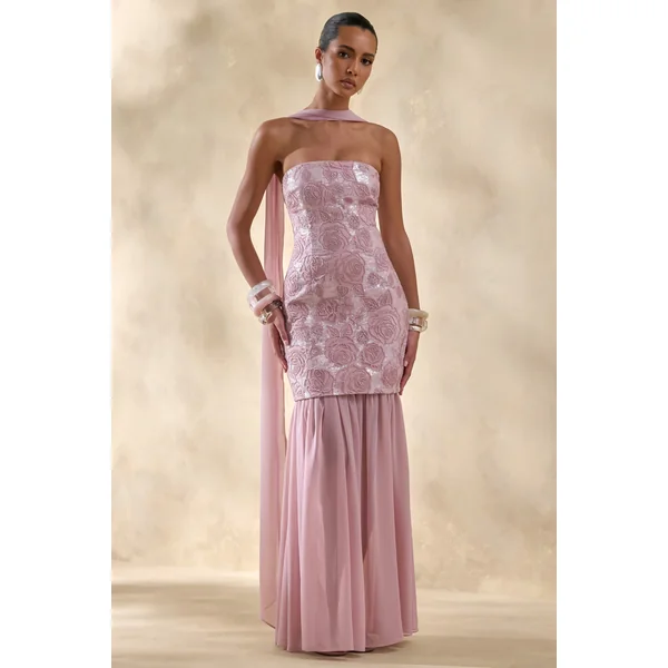 Meraly | Robe longue bandeau rose en sequins avec détail foulard