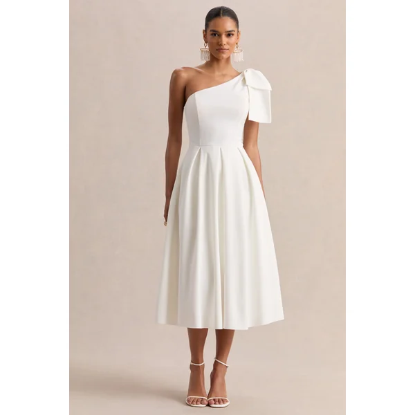 Meria | Robe mi-longue blanche à décolleté asymétrique avec manches nœud