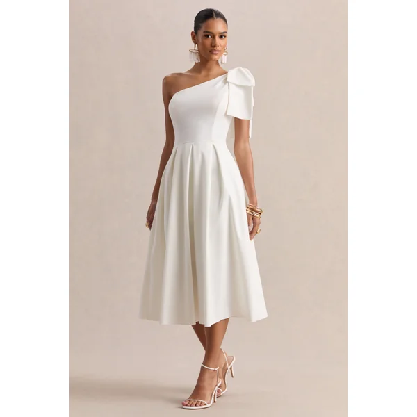Meria | Robe mi-longue blanche à décolleté asymétrique avec manches nœud