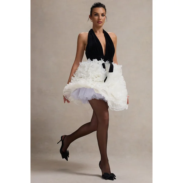 Meringue | Mini-robe en velours noir à décolleté plongeant avec jupe en tulle