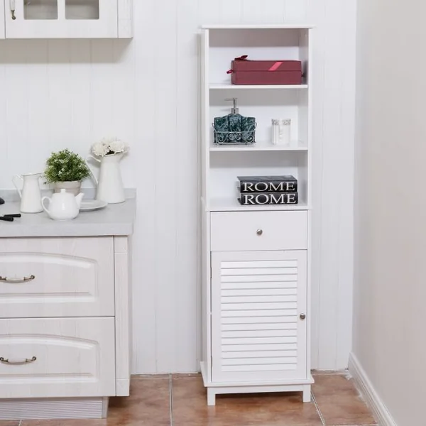 Meuble colonne de salle de bain armoire de salle de bain colonne avec 3 étagères MDF 1 porte persienne et un tiroir
