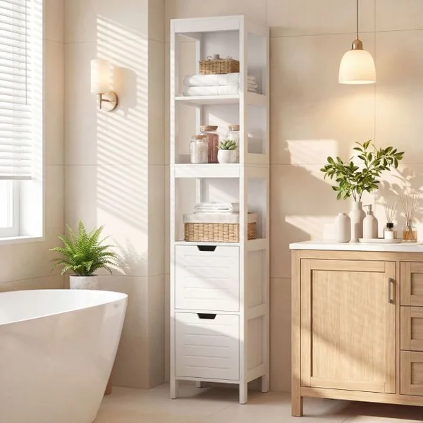 Meuble Colonne de Salle de Bain Armoire Haute de Rangement Ouvert avec 2 Tiroirs en Mdf 305x305x145cm Blanc