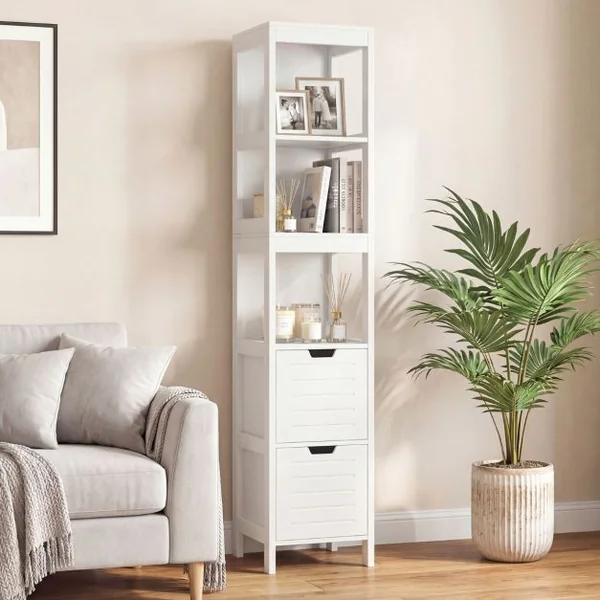 Meuble Colonne de Salle de Bain Armoire Haute de Rangement Ouvert avec 2 Tiroirs en Mdf 305x305x145cm Blanc