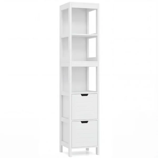 Meuble Colonne de Salle de Bain Armoire Haute de Rangement Ouvert avec 2 Tiroirs en Mdf 305x305x145cm Blanc