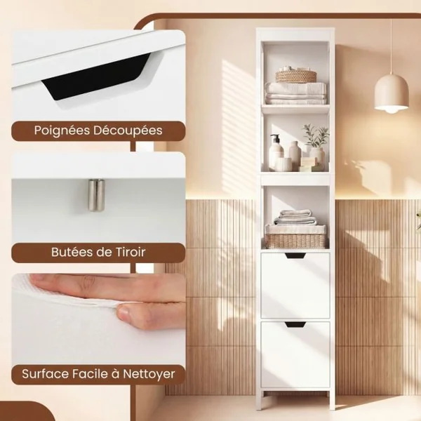 Meuble Colonne de Salle de Bain Armoire Haute de Rangement Ouvert avec 2 Tiroirs en Mdf 305x305x145cm Blanc