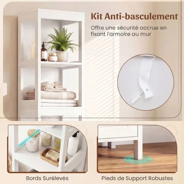 Meuble Colonne de Salle de Bain Armoire Haute de Rangement Ouvert avec 2 Tiroirs en Mdf 305x305x145cm Blanc