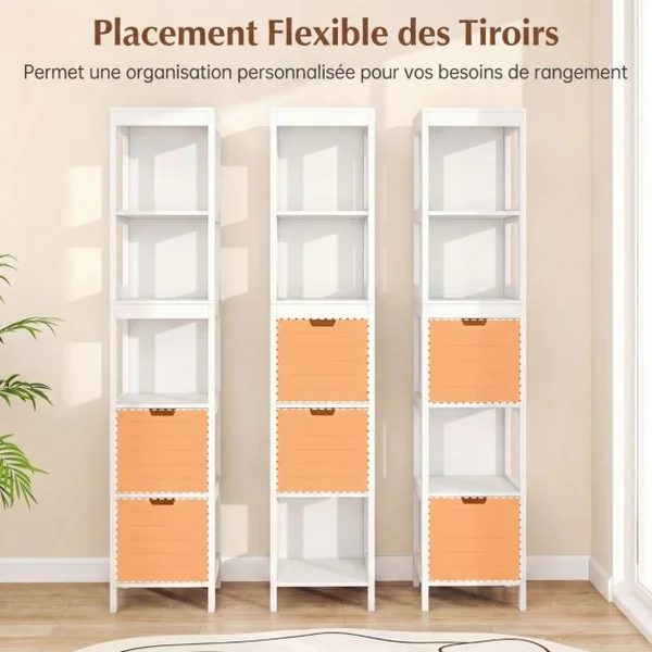 Meuble Colonne de Salle de Bain Armoire Haute de Rangement Ouvert avec 2 Tiroirs en Mdf 305x305x145cm Blanc
