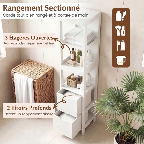 Meuble Colonne de Salle de Bain Armoire Haute de Rangement Ouvert avec 2 Tiroirs en Mdf 305x305x145cm Blanc