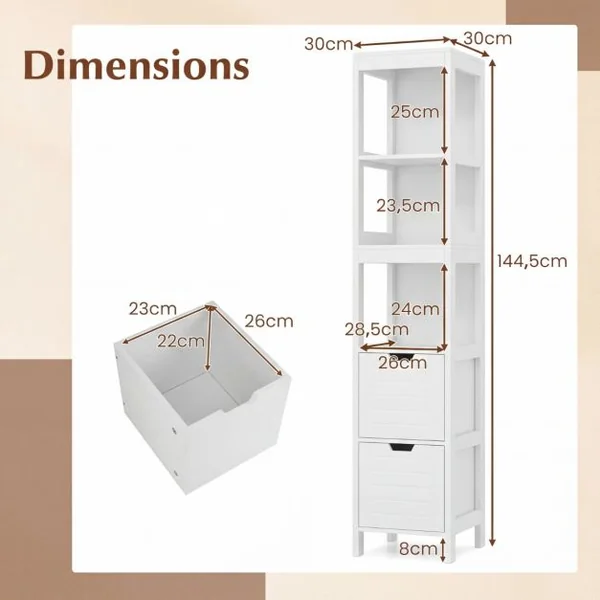 Meuble Colonne de Salle de Bain Armoire Haute de Rangement Ouvert avec 2 Tiroirs en Mdf 305x305x145cm Blanc