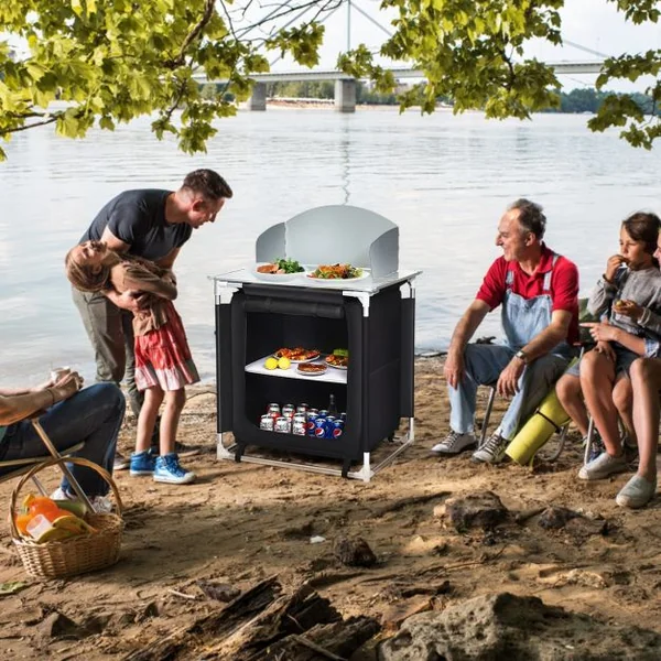 Meuble de Camping de Rangement en Polyester Protection Anti-Eclaboussures Cadre en Aluminium 88x64x117cm Noir + Gris