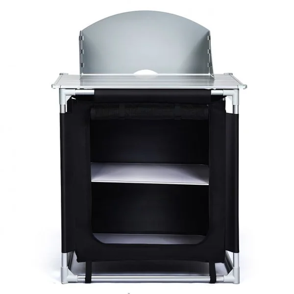 Meuble de Camping de Rangement en Polyester Protection Anti-Eclaboussures Cadre en Aluminium 88x64x117cm Noir + Gris