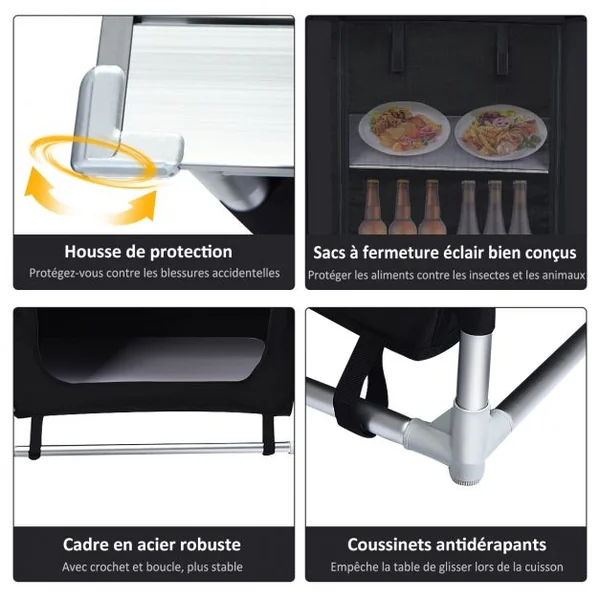 Meuble de Camping de Rangement en Polyester Protection Anti-Eclaboussures Cadre en Aluminium 88x64x117cm Noir + Gris