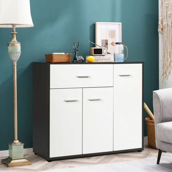 Meuble de Cuisine Buffet de Salle à Manger avec 1 Tiroir et 3 Portes Etagère Réglables en MDF 88x30x70cm Gris + Blanc