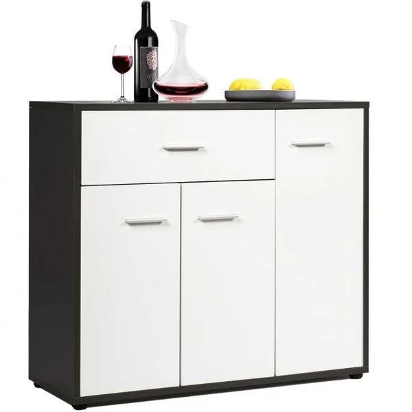 Meuble de Cuisine Buffet de Salle à Manger avec 1 Tiroir et 3 Portes Etagère Réglables en MDF 88x30x70cm Gris + Blanc