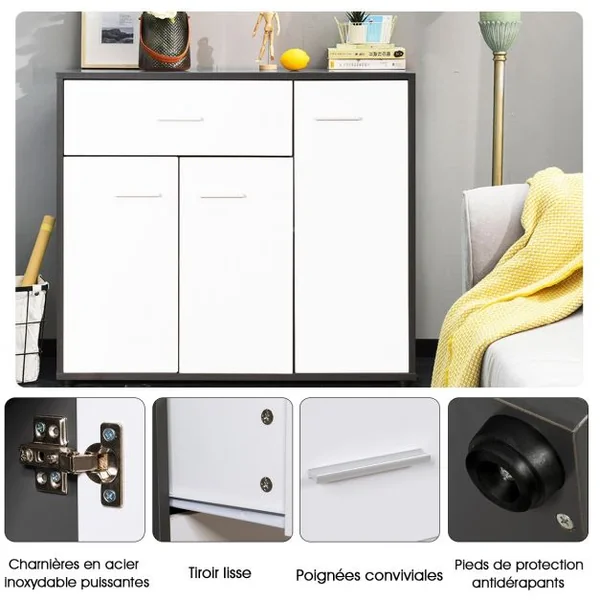 Meuble de Cuisine Buffet de Salle à Manger avec 1 Tiroir et 3 Portes Etagère Réglables en MDF 88x30x70cm Gris + Blanc