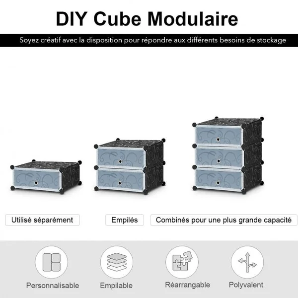 Meuble de Rangement Modulable 3 Cubes Armoire à Chaussures Etagère polyvalente en Résine, 47x37x57cm, Noir et Blanc