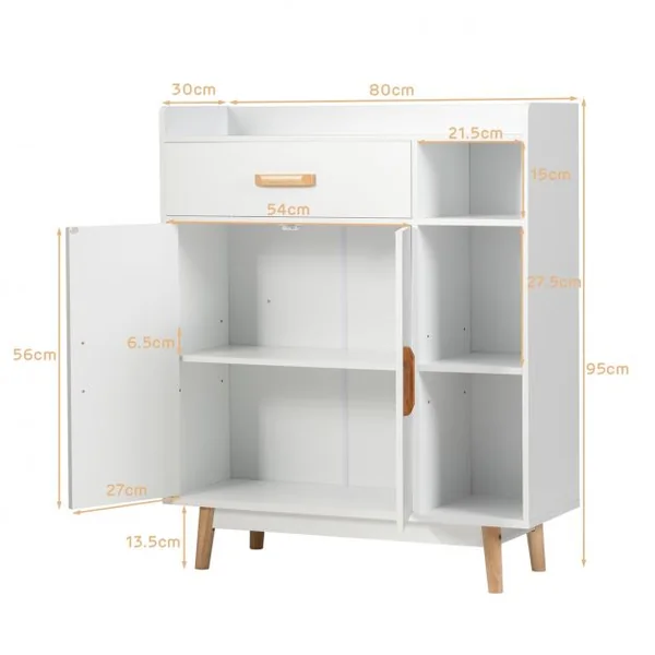 Meuble de Rangement Scandinave 1 Tiroir 2 Portes 3 Etagères 80 x 30 x 95 CM Blanc