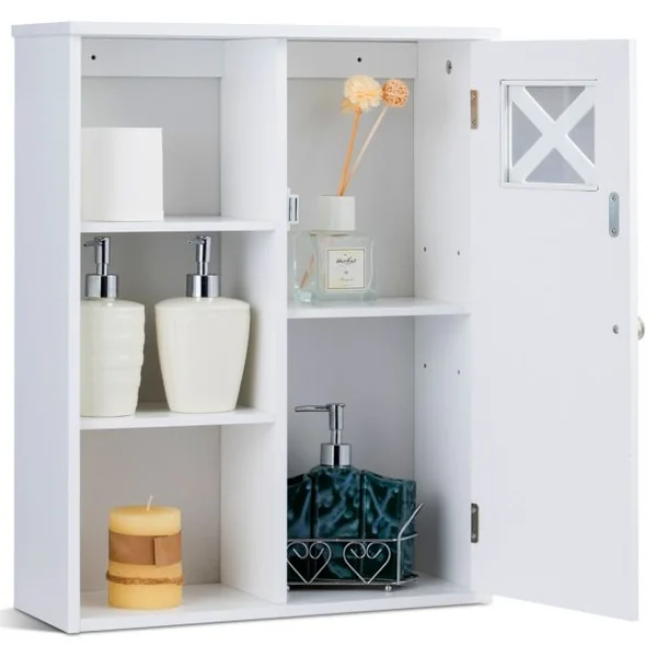 Meuble de Salle de Bain Mural Armoire Murale avec 1 Porte et 5 Étagères en MDF, 48,5x17,5x61cm, Blanc