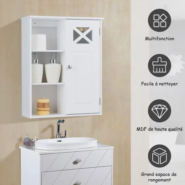 Meuble de Salle de Bain Mural Armoire Murale avec 1 Porte et 5 Étagères en MDF, 48,5x17,5x61cm, Blanc