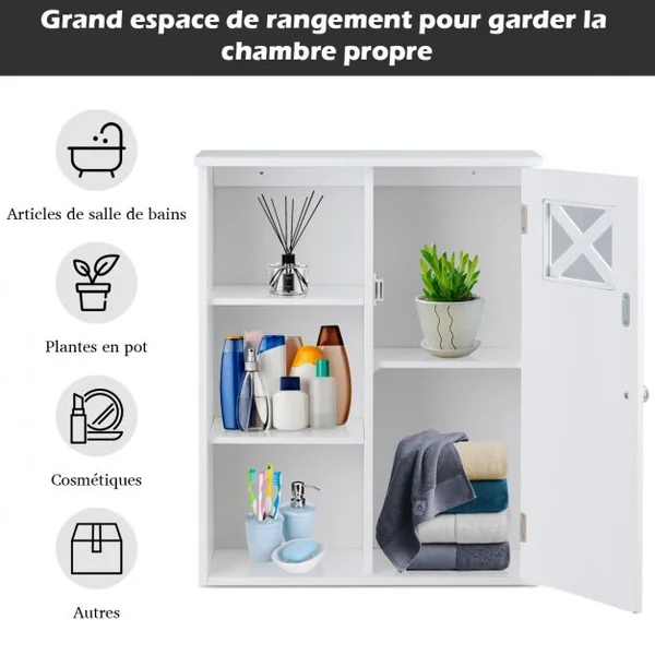 Meuble de Salle de Bain Mural Armoire Murale avec 1 Porte et 5 Étagères en MDF, 48,5x17,5x61cm, Blanc