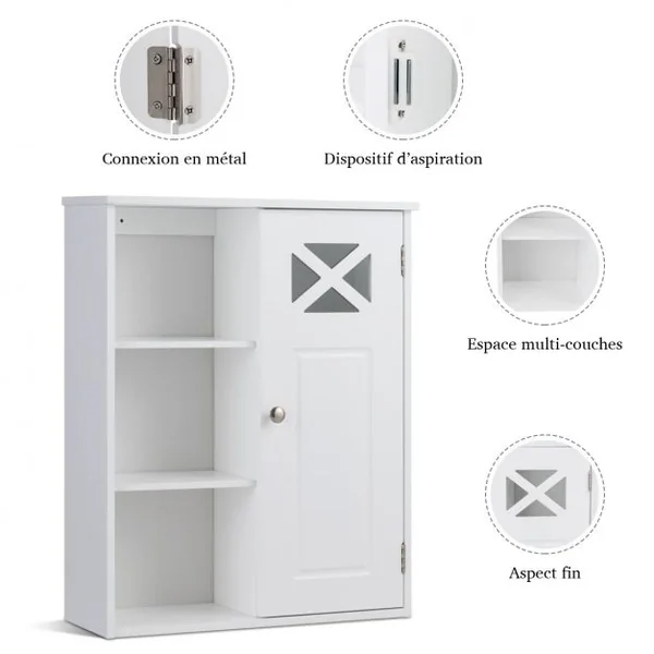 Meuble de Salle de Bain Mural Armoire Murale avec 1 Porte et 5 Étagères en MDF, 48,5x17,5x61cm, Blanc