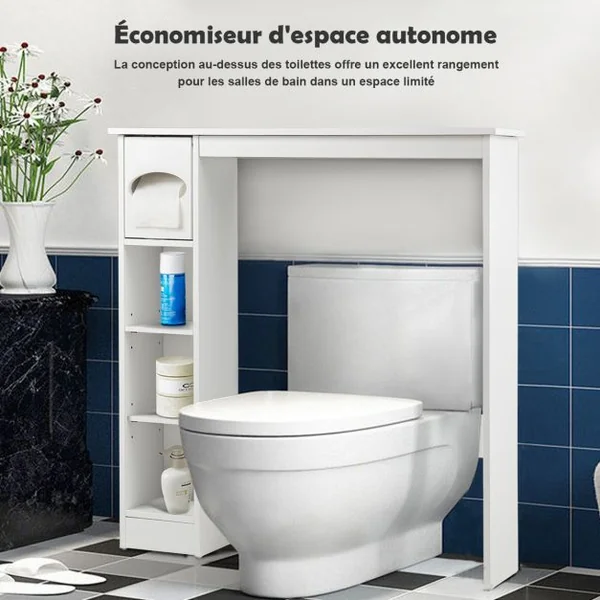 Meuble de Toilette WC Armoire de Rangement avec Etagère Ajustables et Porte-papier Blanc