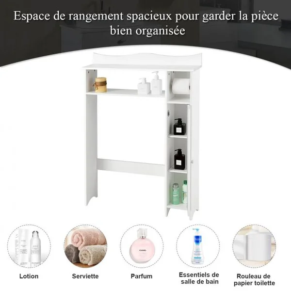 Meuble de Toilette WC Armoire de Rangement avec Etagère Ajustables et Porte-papier Blanc