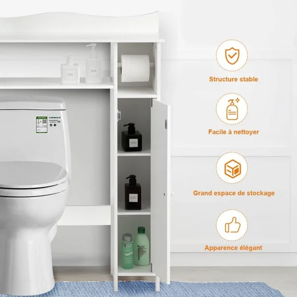 Meuble de Toilette WC Armoire de Rangement avec Etagère Ajustables et Porte-papier Blanc