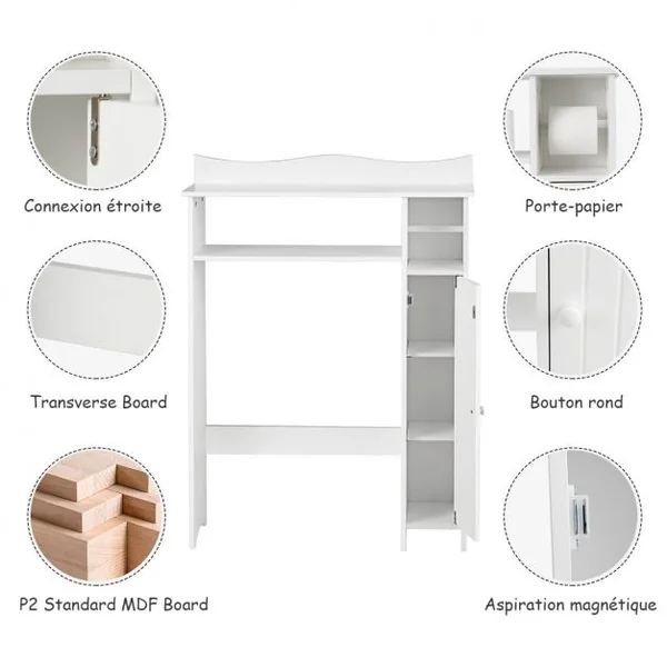 Meuble de Toilette WC Armoire de Rangement avec Etagère Ajustables et Porte-papier Blanc