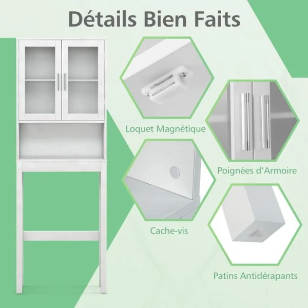 Meuble Dessus Toilettes WC 2 Portes Armoire de Toilette Étagère de Salle de Bain