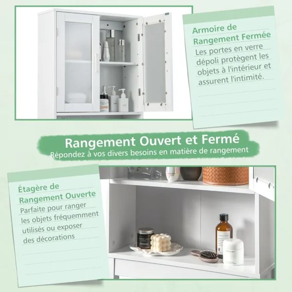 Meuble Dessus Toilettes WC 2 Portes Armoire de Toilette Étagère de Salle de Bain