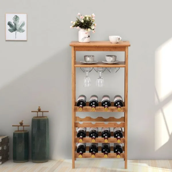 Meuble Range Bouteille à 6 Etagères avec et Porte-Verres en Acier Inox. et Bambou Présentoir à Vin