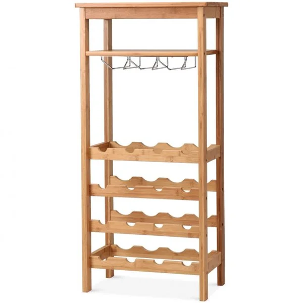 Meuble Range Bouteille à 6 Etagères avec et Porte-Verres en Acier Inox. et Bambou Présentoir à Vin