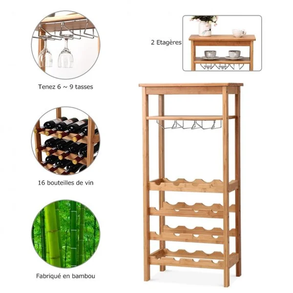 Meuble Range Bouteille à 6 Etagères avec et Porte-Verres en Acier Inox. et Bambou Présentoir à Vin
