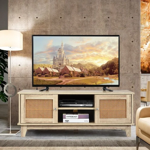 Meuble TV en Rotin avec Etagères de Rangement Réglables Structure Robuste 120x39,5x46 cm