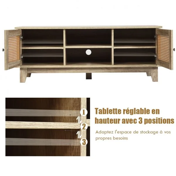 Meuble TV en Rotin avec Etagères de Rangement Réglables Structure Robuste 120x39,5x46 cm