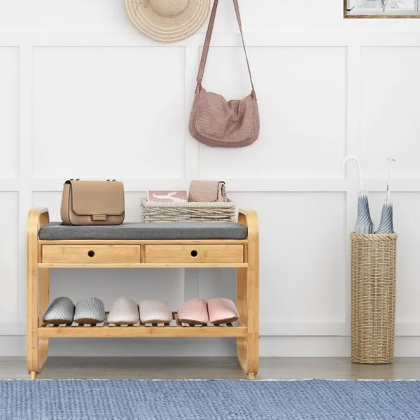 Meuble à Chaussures Banc Assise rembourrée avec 1 Étage de Rangement et 2 Tiroirs en Bambou