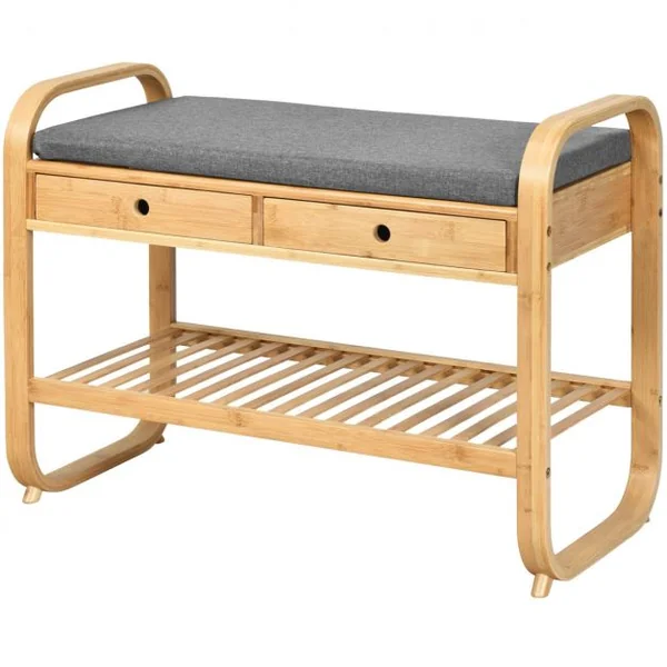 Meuble à Chaussures Banc Assise rembourrée avec 1 Étage de Rangement et 2 Tiroirs en Bambou