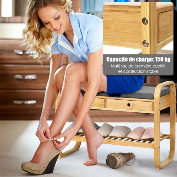 Meuble à Chaussures Banc Assise rembourrée avec 1 Étage de Rangement et 2 Tiroirs en Bambou
