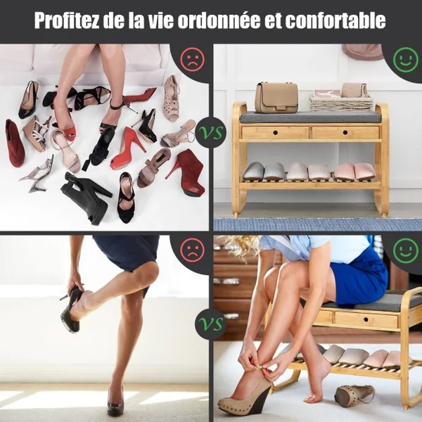 Meuble à Chaussures Banc Assise rembourrée avec 1 Étage de Rangement et 2 Tiroirs en Bambou