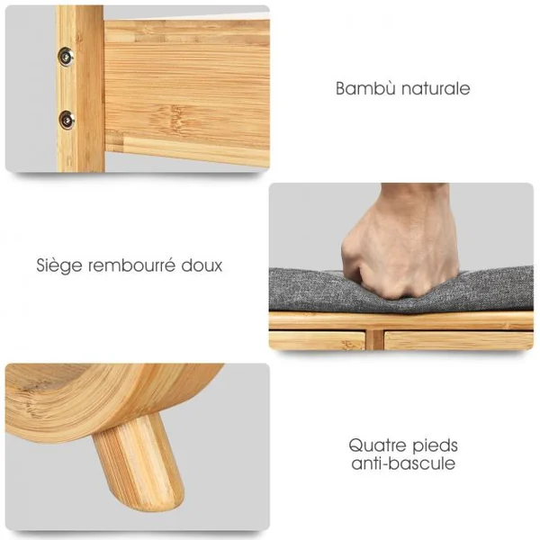 Meuble à Chaussures Banc Assise rembourrée avec 1 Étage de Rangement et 2 Tiroirs en Bambou