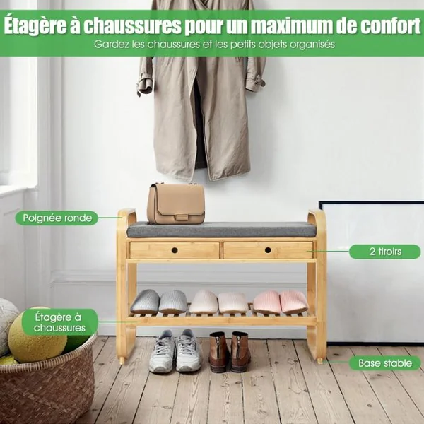 Meuble à Chaussures Banc Assise rembourrée avec 1 Étage de Rangement et 2 Tiroirs en Bambou