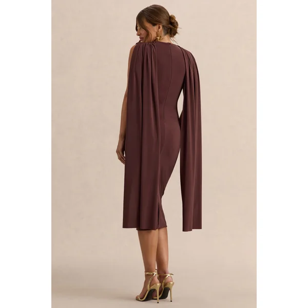 Milaine | Robe de maternité mi-longue marron foncé à encolure ronde et manches cape