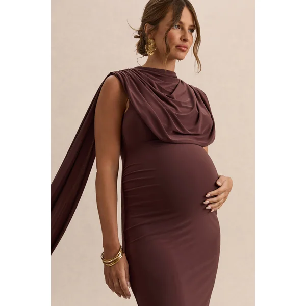 Milaine | Robe de maternité mi-longue marron foncé à encolure ronde et manches cape