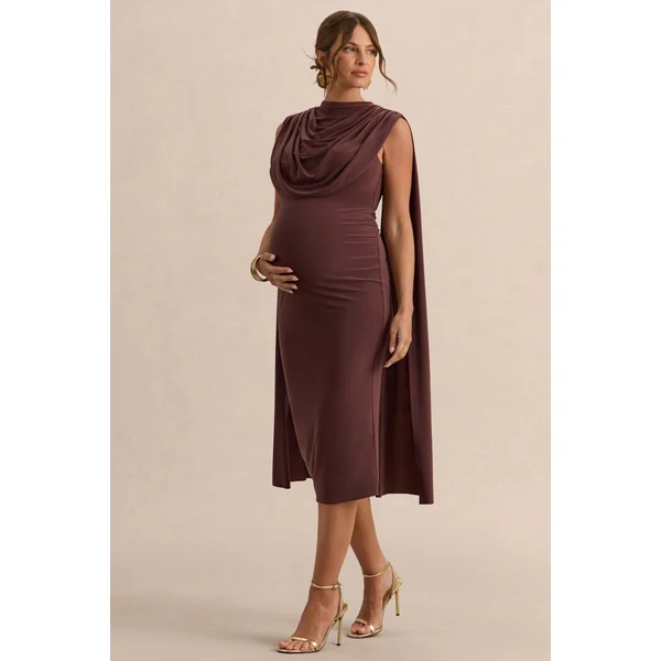 Milaine | Robe de maternité mi-longue marron foncé à encolure ronde et manches cape