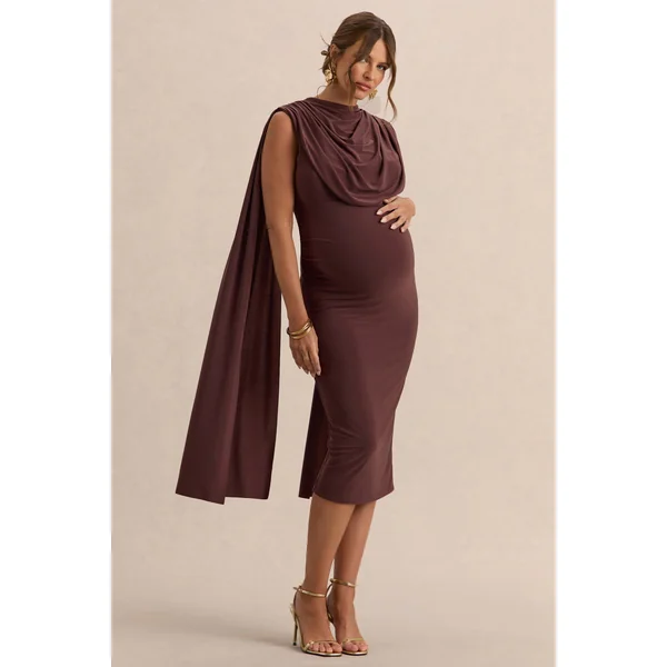 Milaine | Robe de maternité mi-longue marron foncé à encolure ronde et manches cape