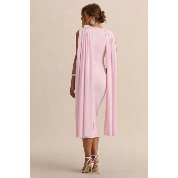 Milaine | Robe de maternité mi-longue rose clair à encolure ronde et manches cape