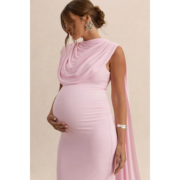 Milaine | Robe de maternité mi-longue rose clair à encolure ronde et manches cape