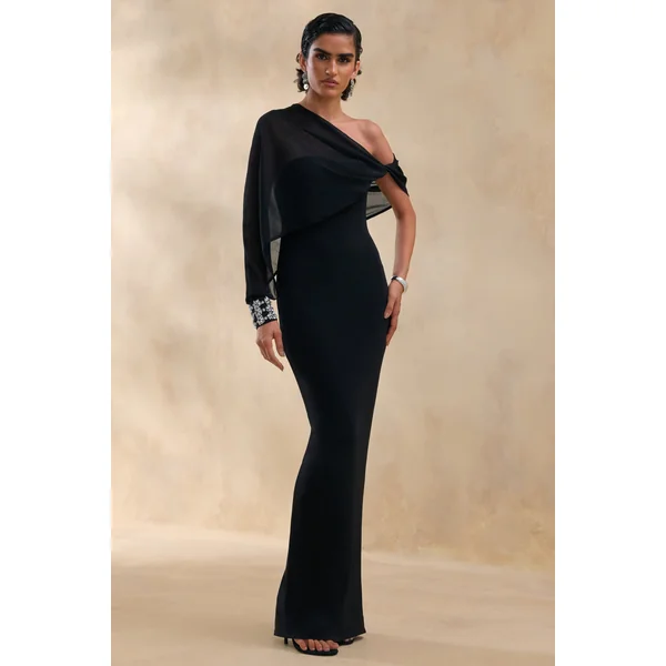 Milania | Robe longue noire à encolure asymétrique avec manche torsadée